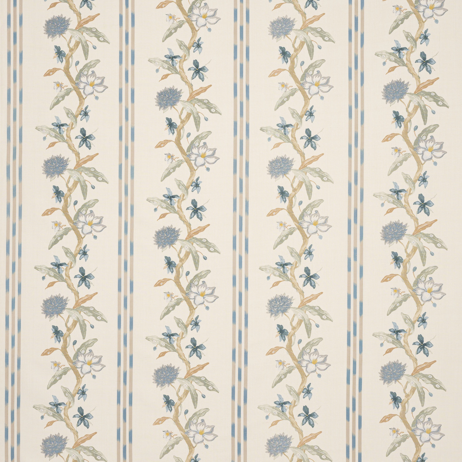 Vertical botanical stripe fabric with soft blue-green flowers on an ivory ground