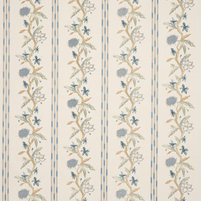 Vertical botanical stripe fabric with soft blue-green flowers on an ivory ground