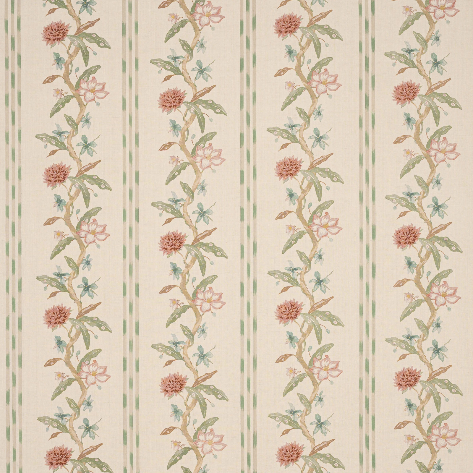 Cream fabric swatch with vertical floral stripes in pink, sage green and soft blue