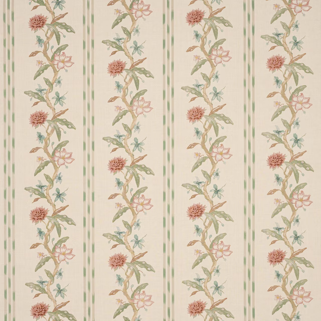 Cream fabric swatch with vertical floral stripes in pink, sage green and soft blue