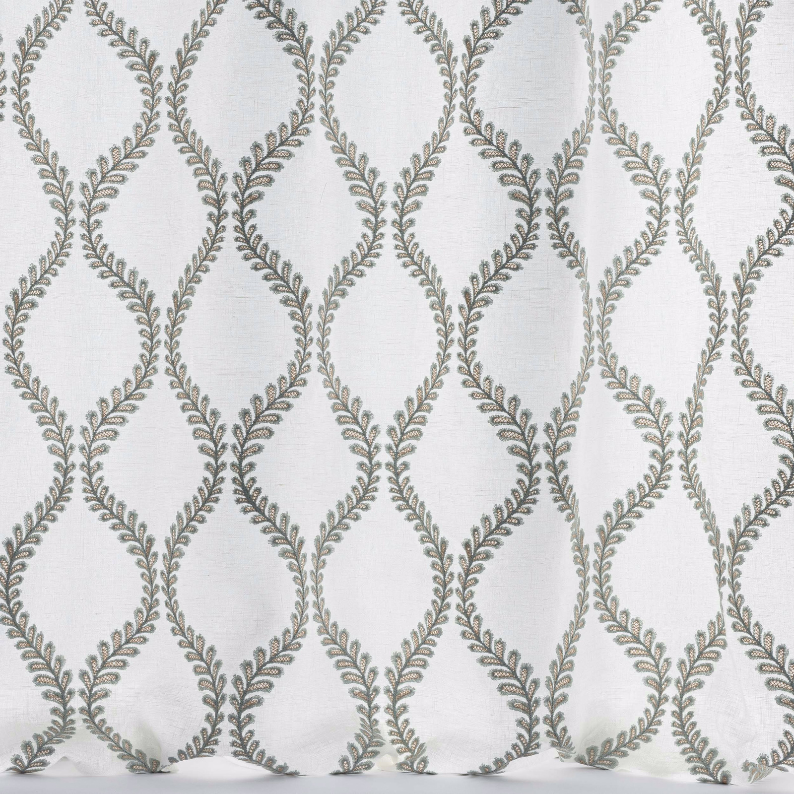 Pale blue-grey woven fabric with repeating leaf lattice trellis motif