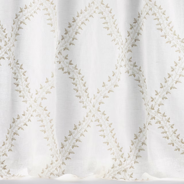 Ivory linen-blend fabric with pale beige trellis vine and leaf motif