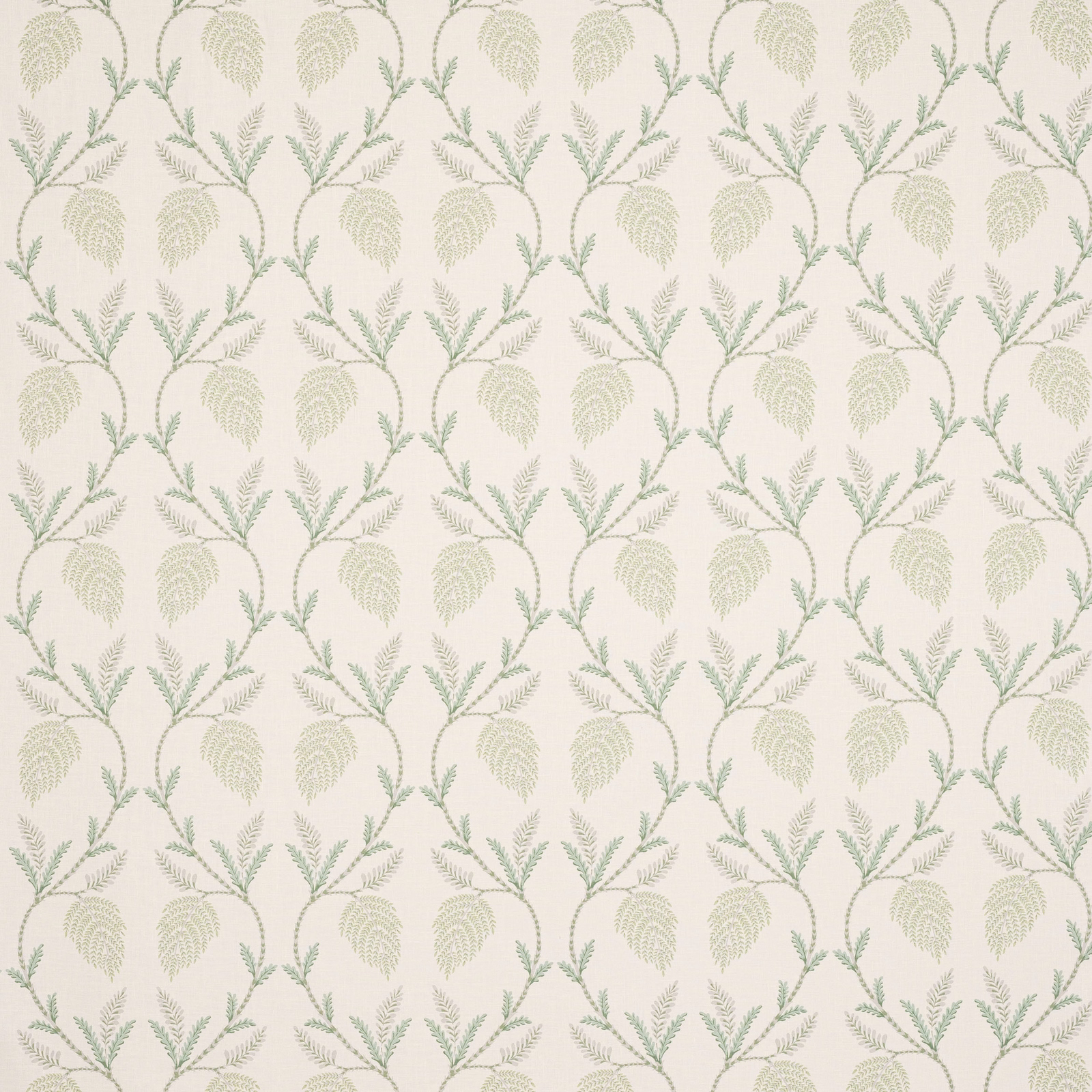 Cream linen swatch with soft sage trailing leaf and fern botanical repeat