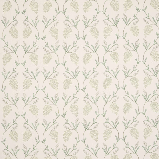 Cream linen swatch with soft sage trailing leaf and fern botanical repeat