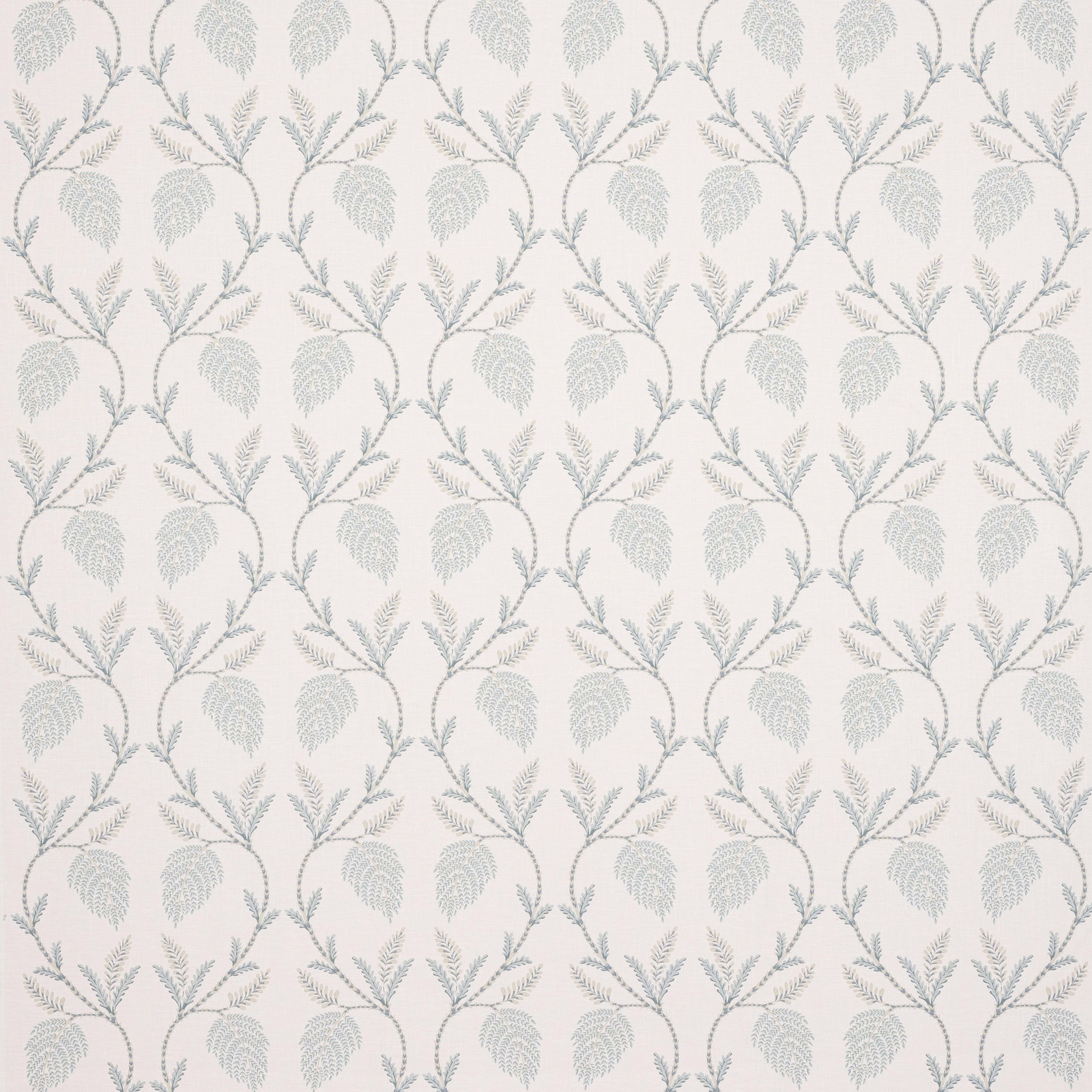 Pale blue leaf trail fabric on an ivory ground, shown as a swatch