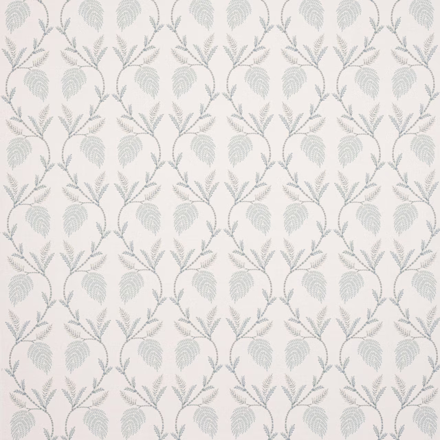 Pale blue leaf trail fabric on an ivory ground, shown as a swatch