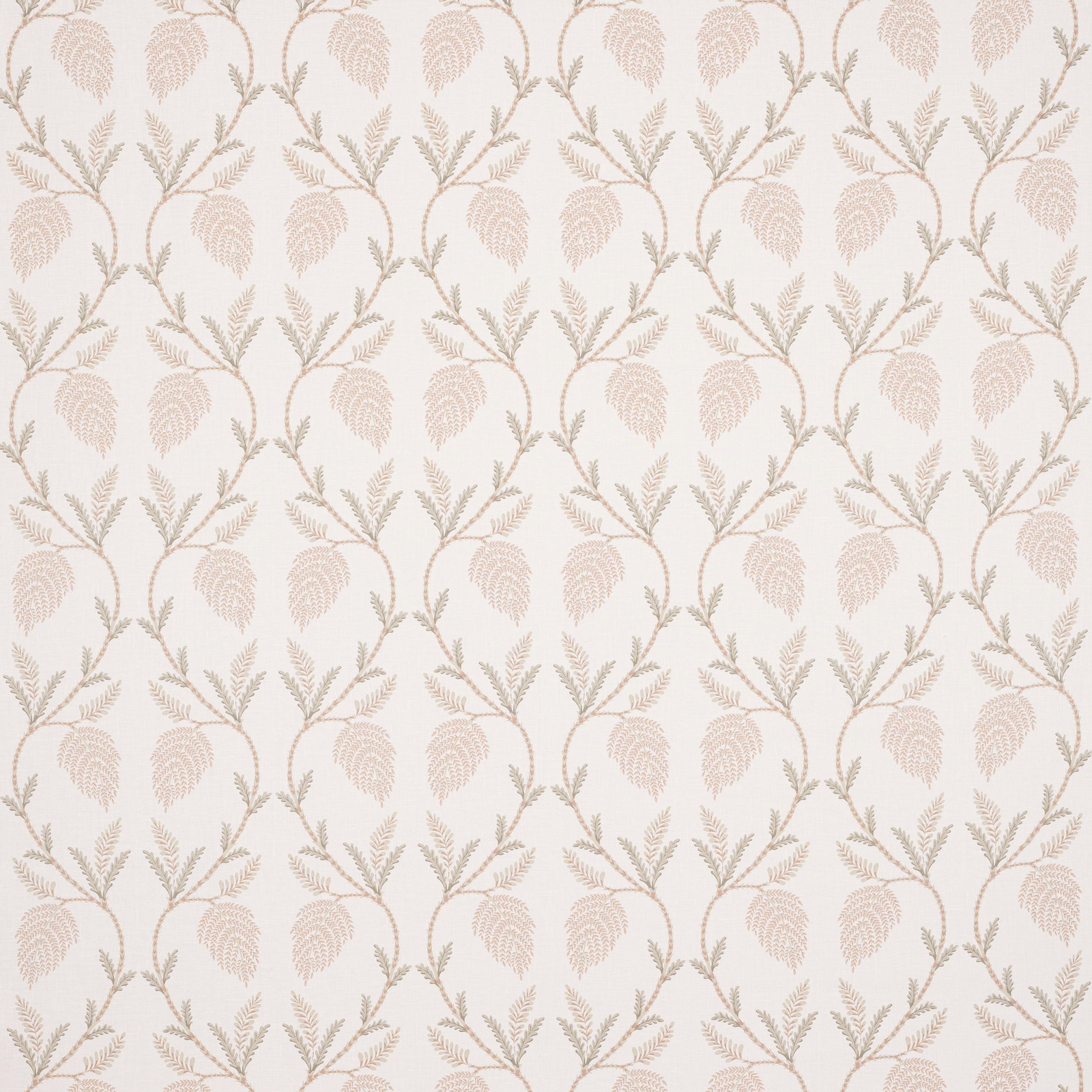 Pale botanical linen fabric with soft old pink leaf motifs and beige-green stems