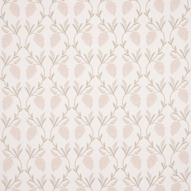 Pale botanical linen fabric with soft old pink leaf motifs and beige-green stems