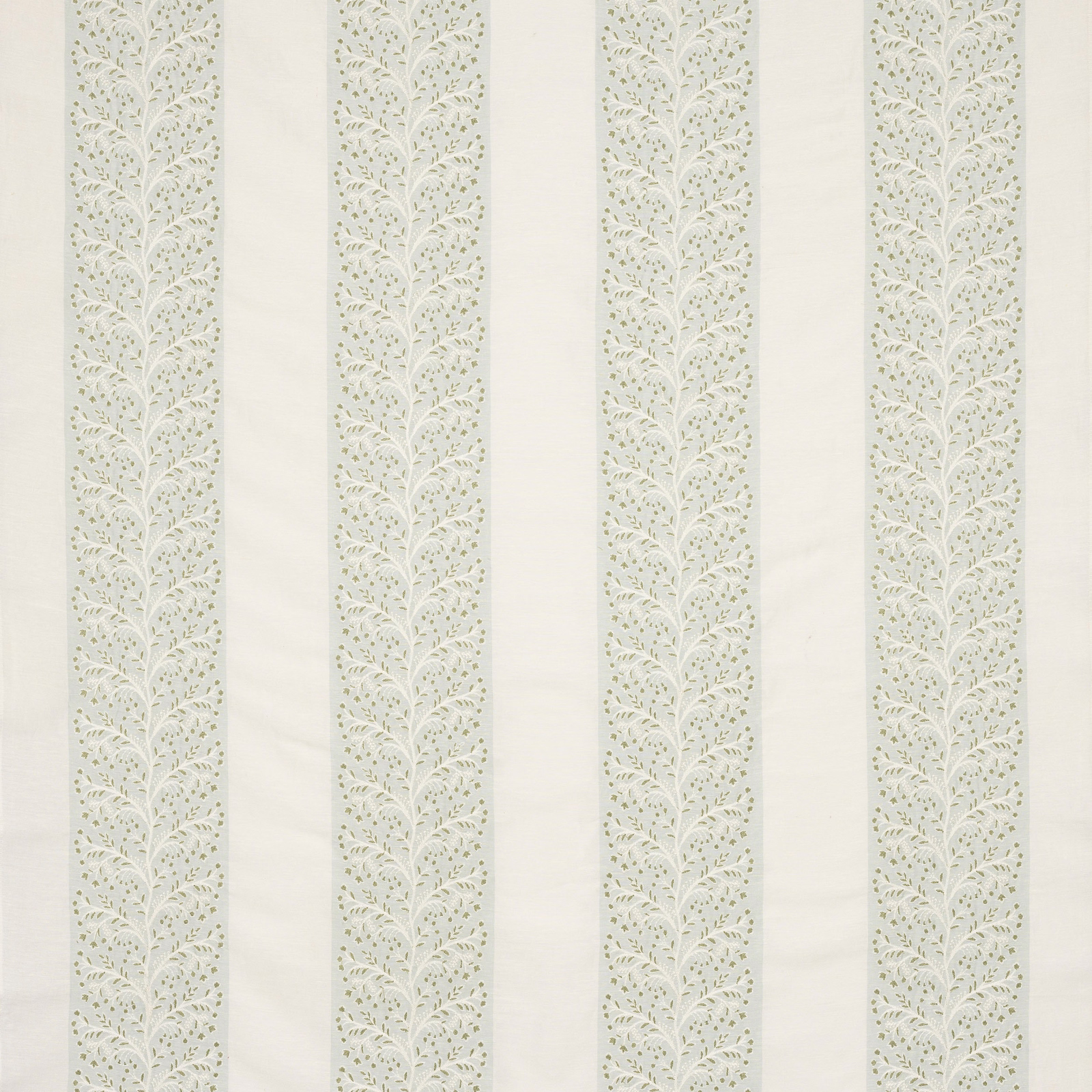 Ivory fabric with pale aqua vertical leaf-pattern stripes