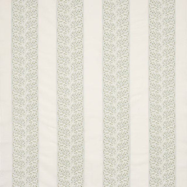 Ivory fabric with pale aqua vertical leaf-pattern stripes