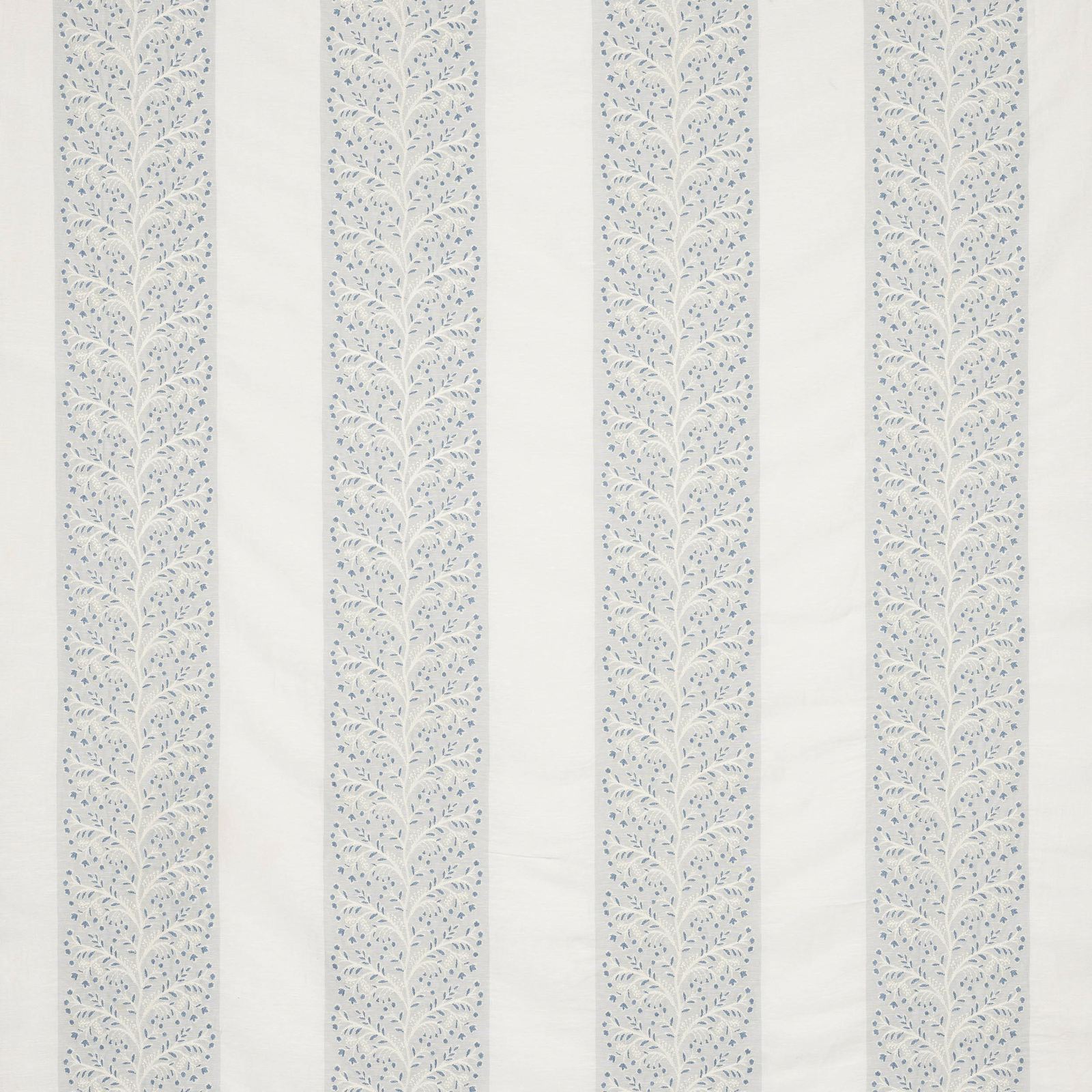 Pale blue vertical stripe fabric with delicate leaf-like woven motif on ivory ground
