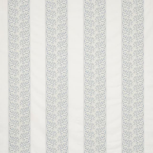 Pale blue vertical stripe fabric with delicate leaf-like woven motif on ivory ground