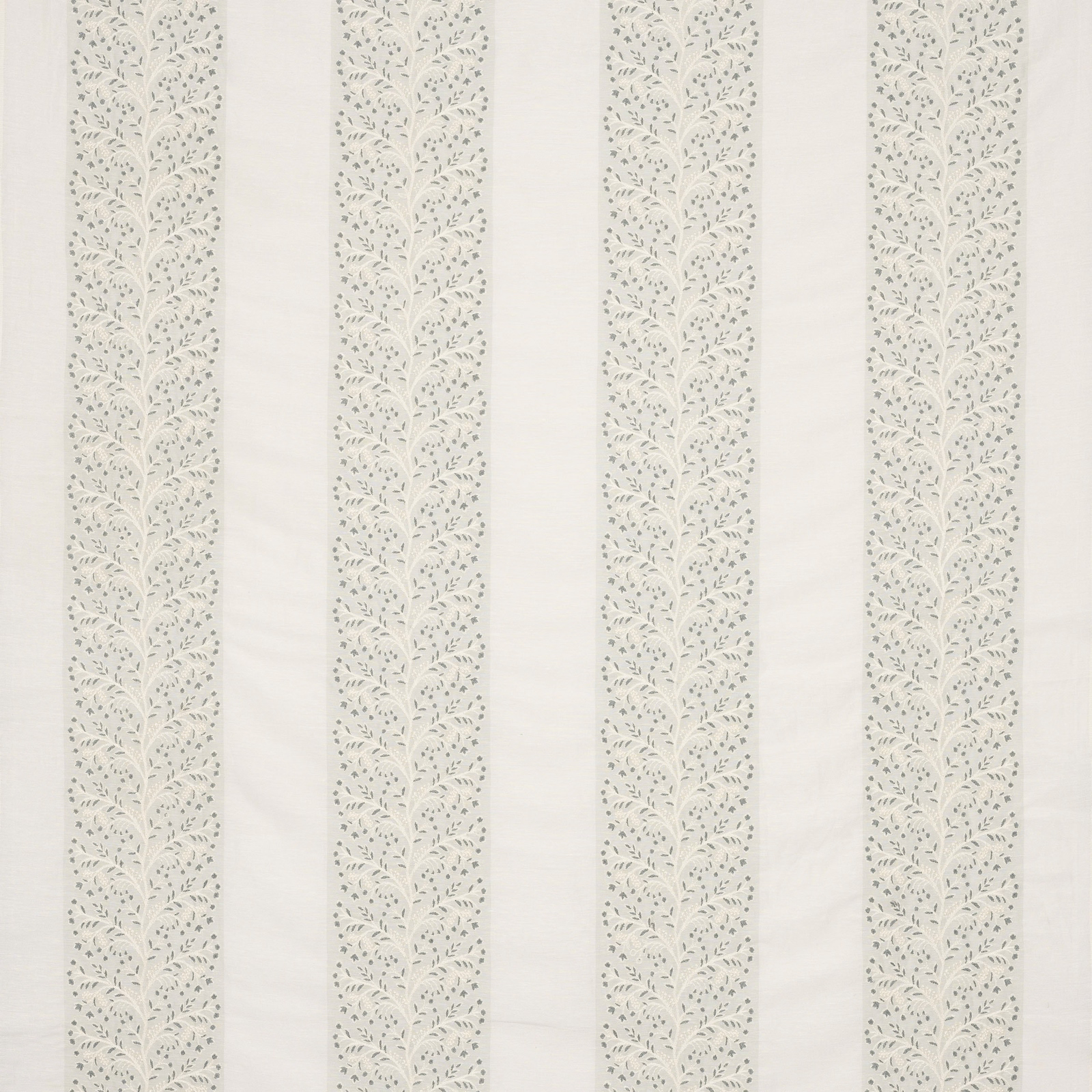 Pale old blue vertical stripe fabric with fine foliate pattern on ivory ground