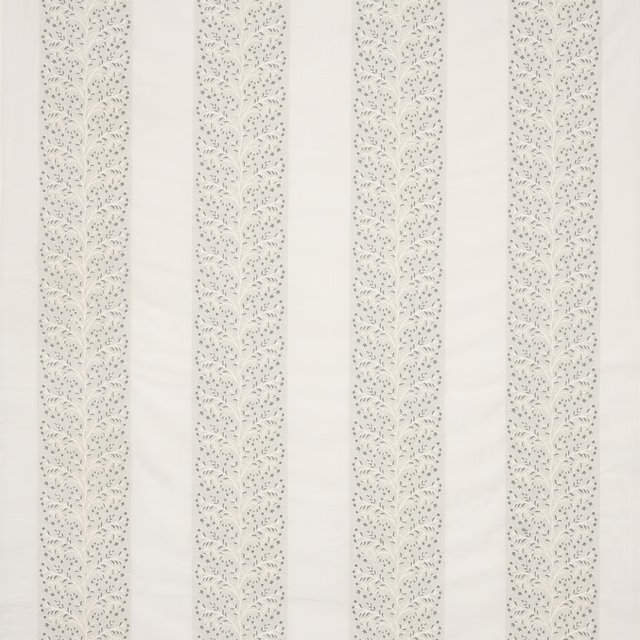 Pale old blue vertical stripe fabric with fine foliate pattern on ivory ground