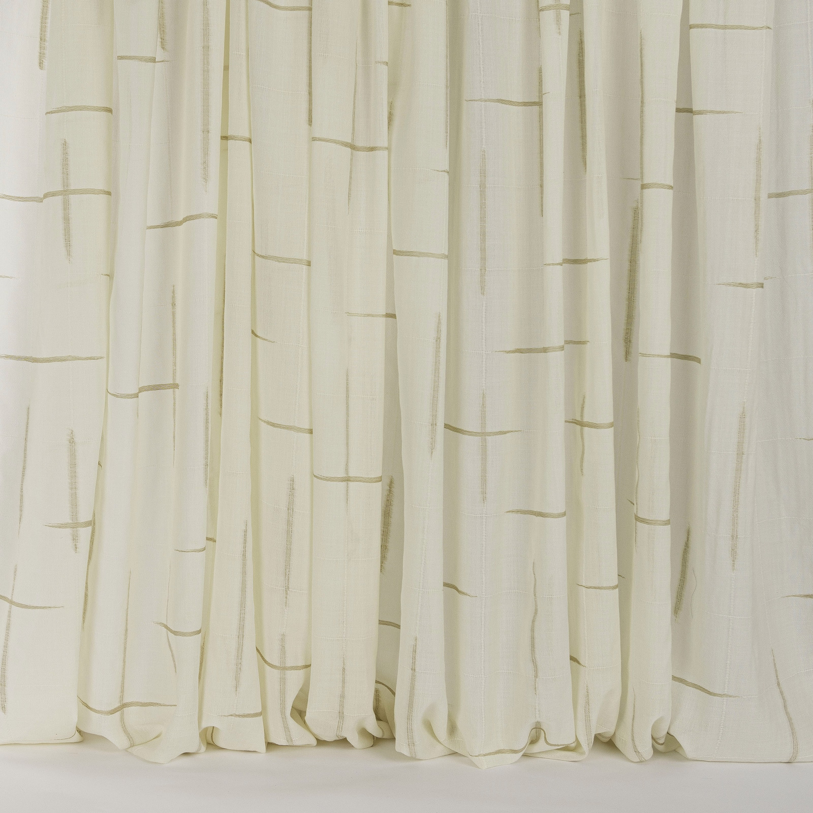 Cream wool curtain fabric with fine sand-coloured linear marks and soft folds
