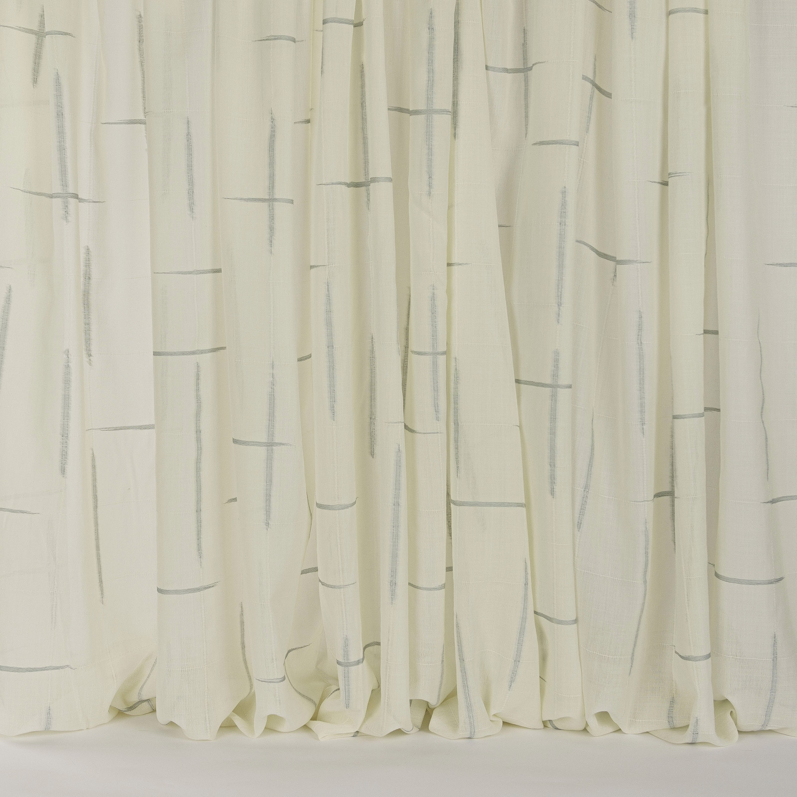 Cream wool curtain fabric with pale sea-glass brush marks and fine grey dashes