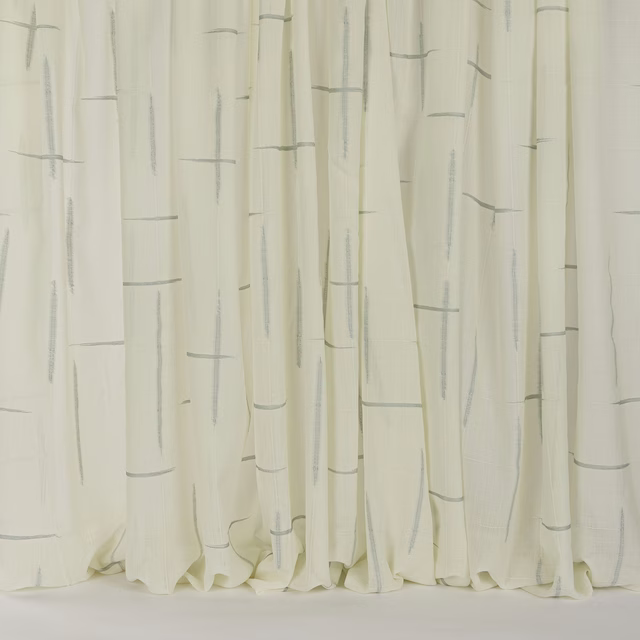 Cream wool curtain fabric with pale sea-glass brush marks and fine grey dashes