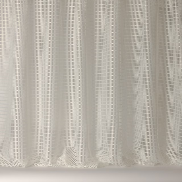 Soft warm white sheer fabric with fine woven grid stripes and relaxed folds