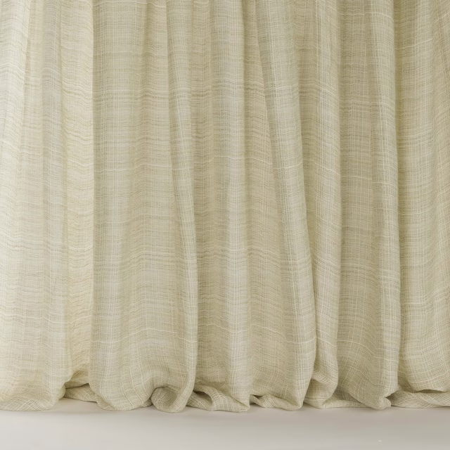 Soft clay beige linen-blend curtain fabric with a subtle open weave and vertical folds