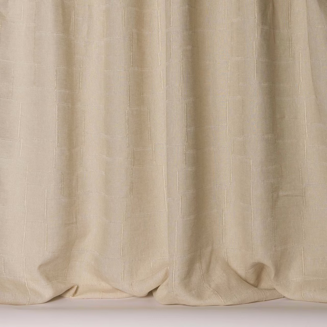 Creamy linen curtain fabric with subtle grid texture and soft drape
