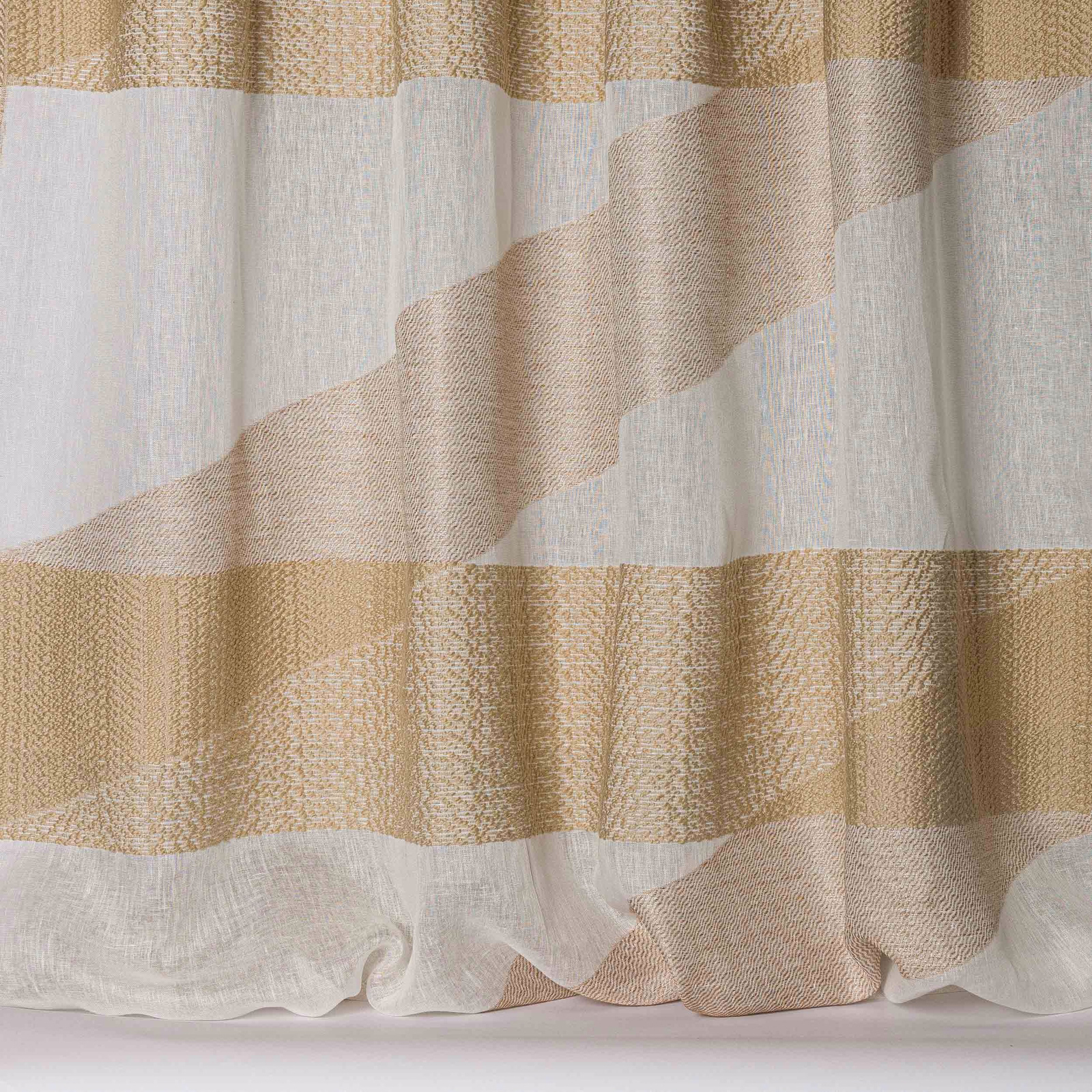 Soft sand-beige striped fabric with a linen-like textured weave and pale ground
