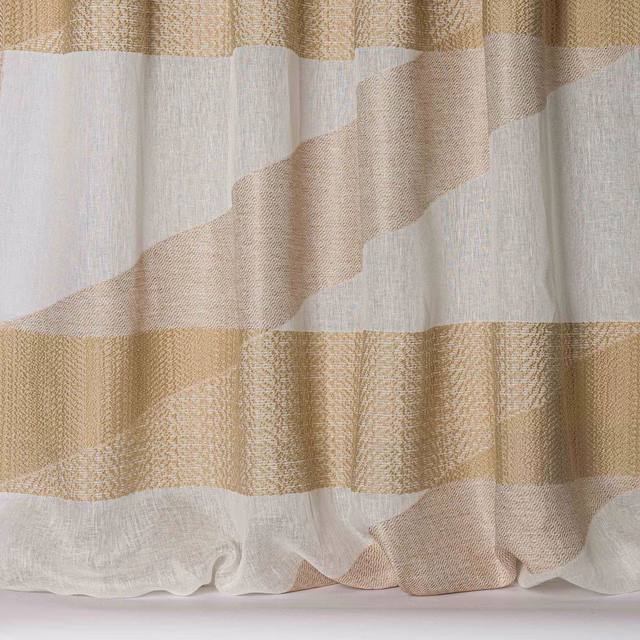Soft sand-beige striped fabric with a linen-like textured weave and pale ground