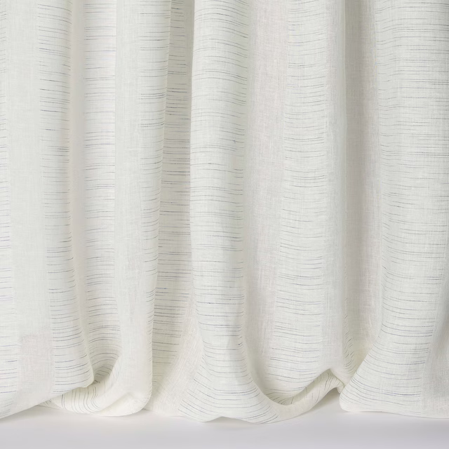 Cream linen curtain fabric with fine horizontal blue-grey striations