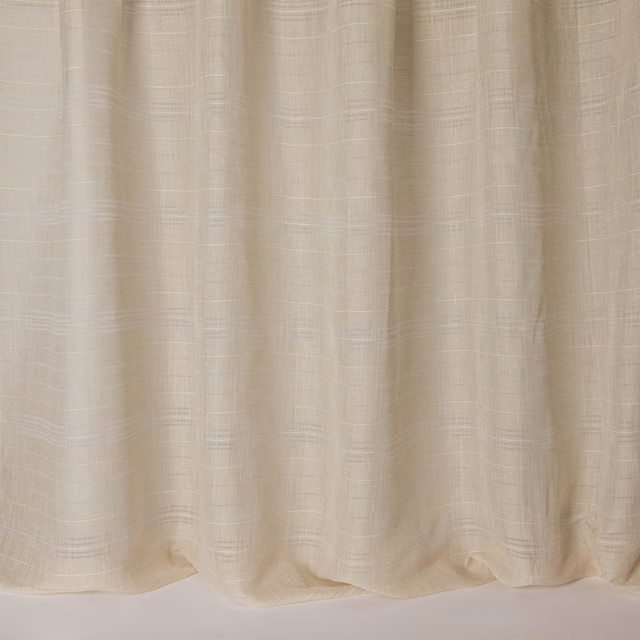 Warm beige linen-look fabric with subtle horizontal striations and soft drape
