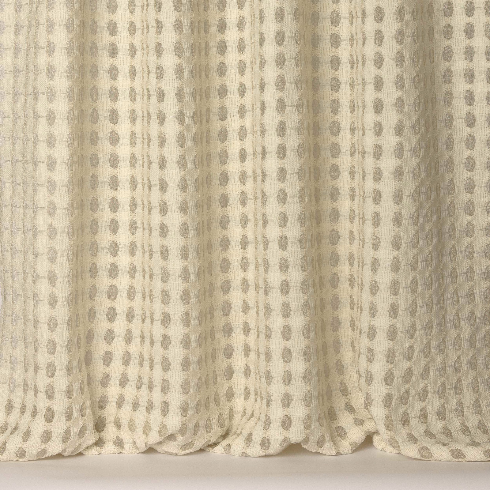 Cream woven fabric with vertical clay-coloured dotted stripes and soft texture