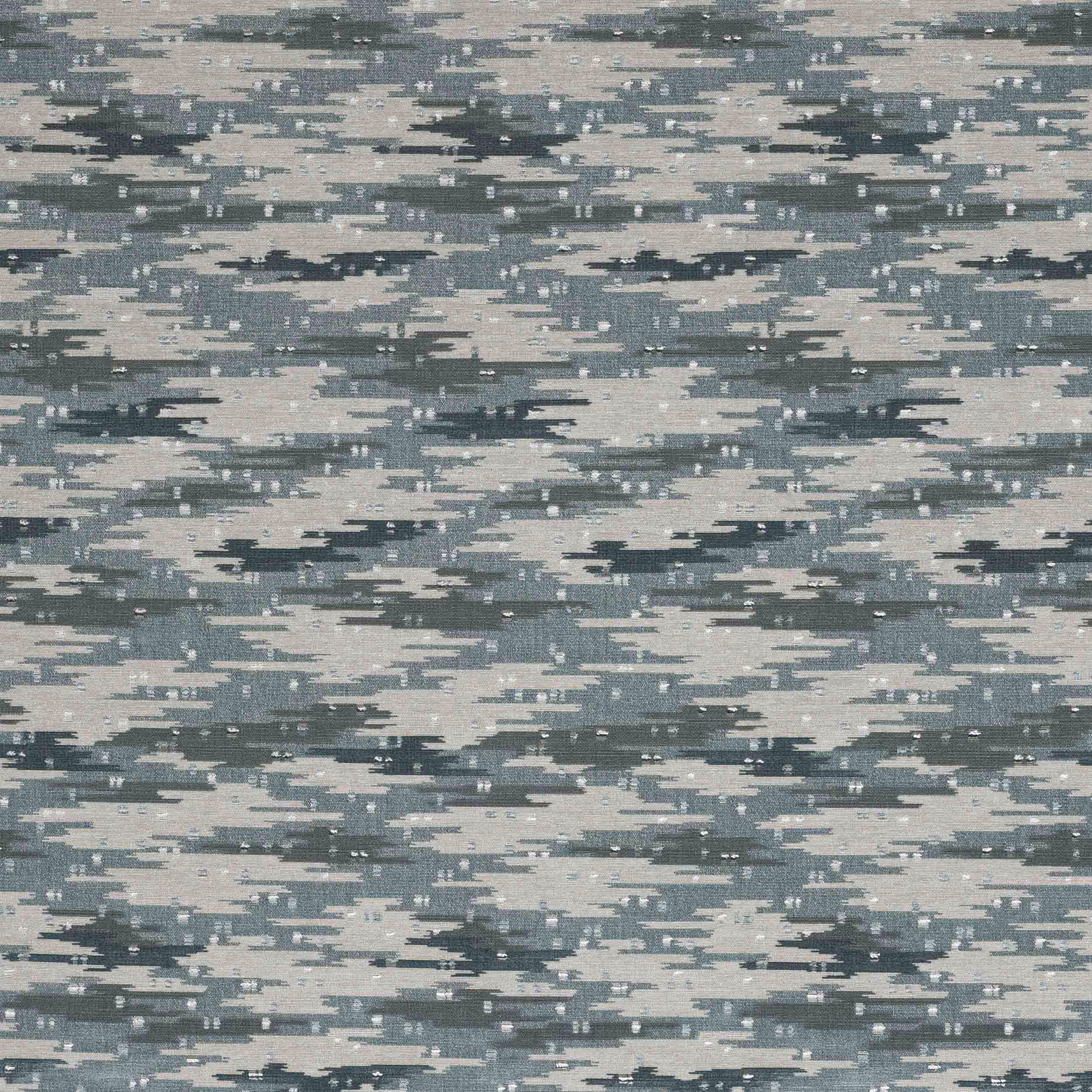 Abstract blue-grey woven fabric with horizontal broken stripes and speckled texture