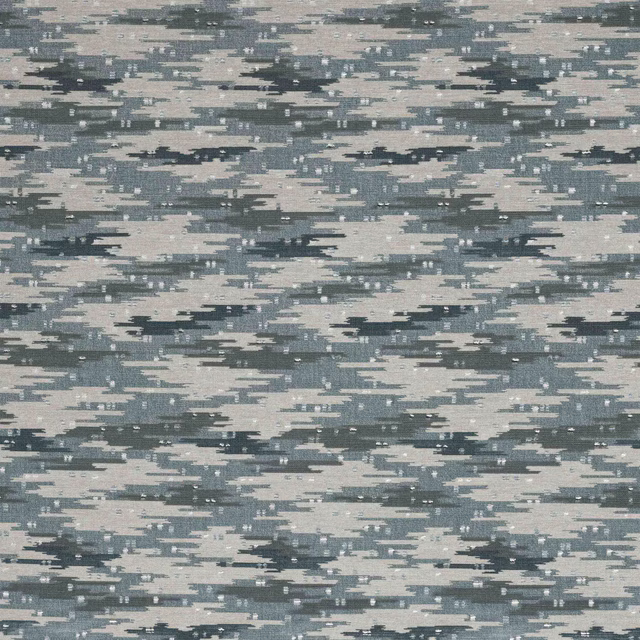 Abstract blue-grey woven fabric with horizontal broken stripes and speckled texture