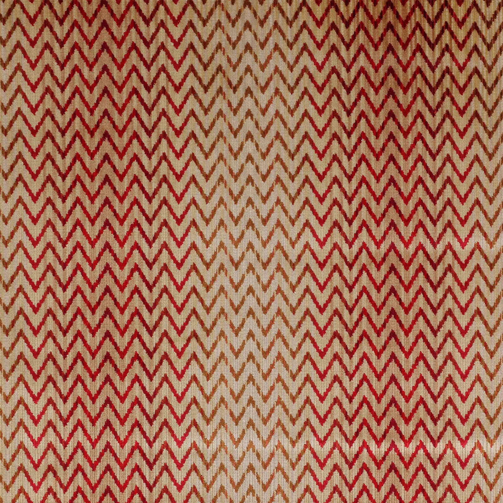 Red and beige chevron velvet fabric swatch with a soft pile