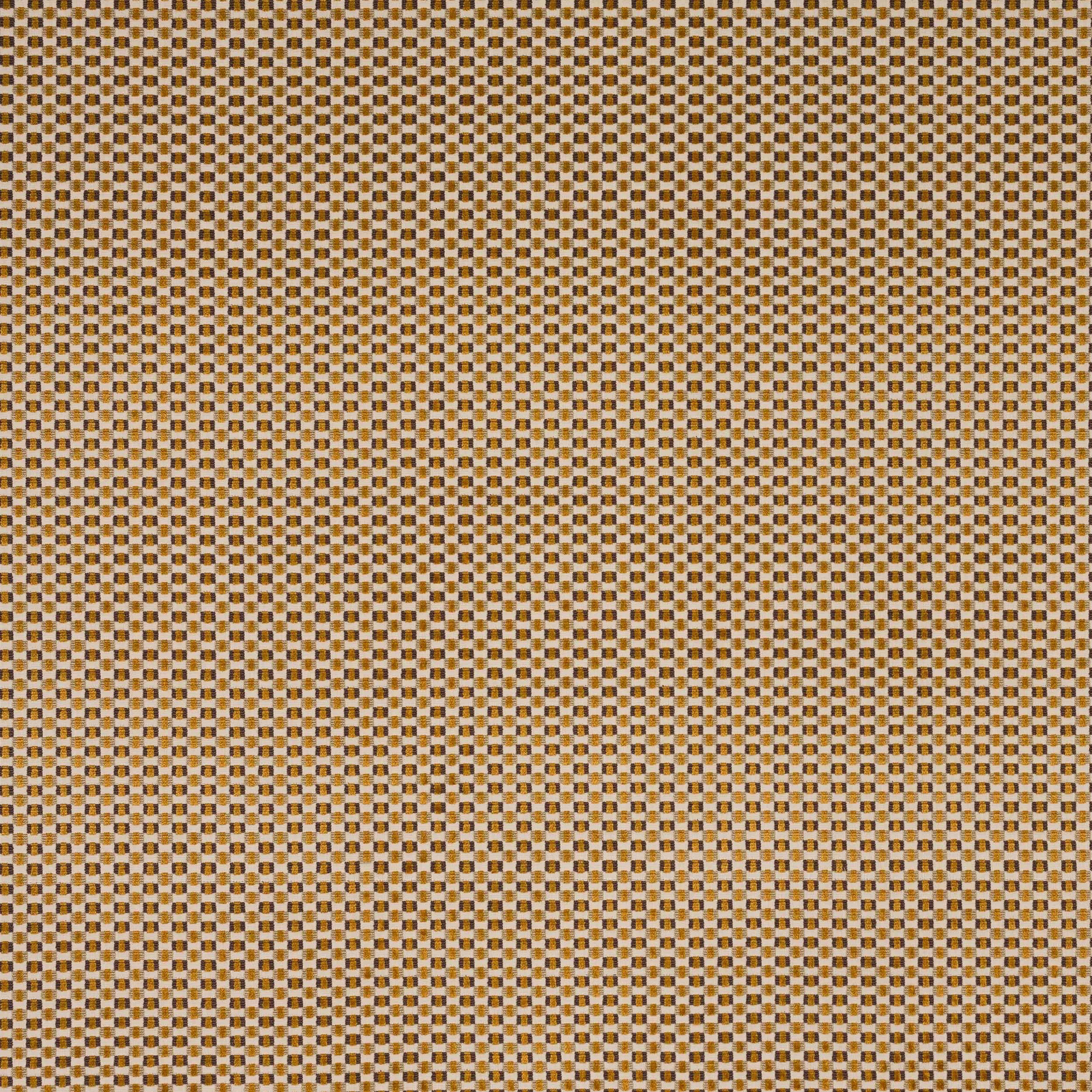 Close-up of a warm mustard-gold micro-check woven fabric with cream and taupe squares