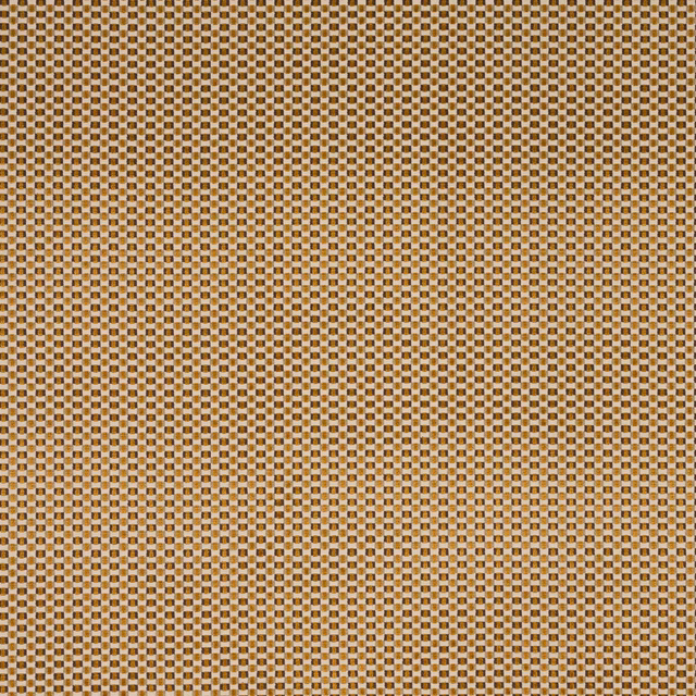 Close-up of a warm mustard-gold micro-check woven fabric with cream and taupe squares