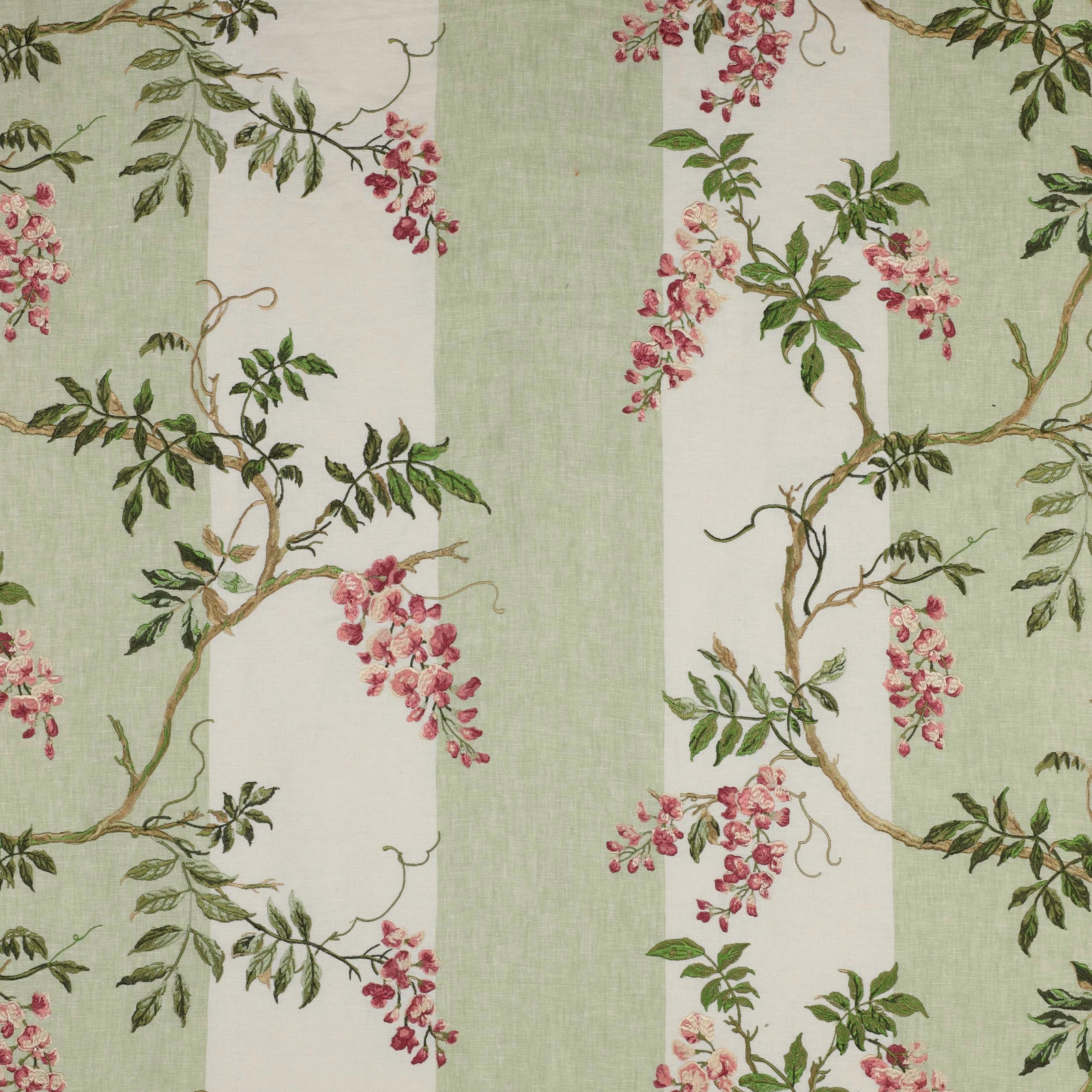 Vertical sage green and white striped fabric with pink blossom branches and leafy vines