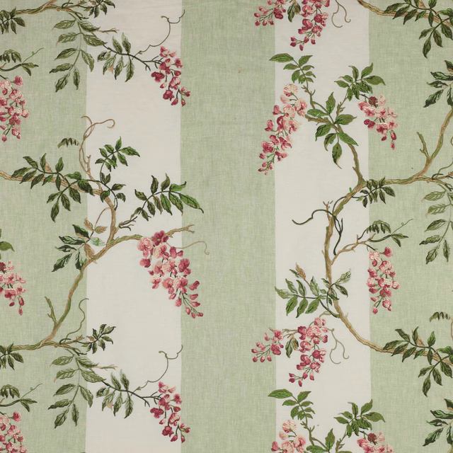 Vertical sage green and white striped fabric with pink blossom branches and leafy vines