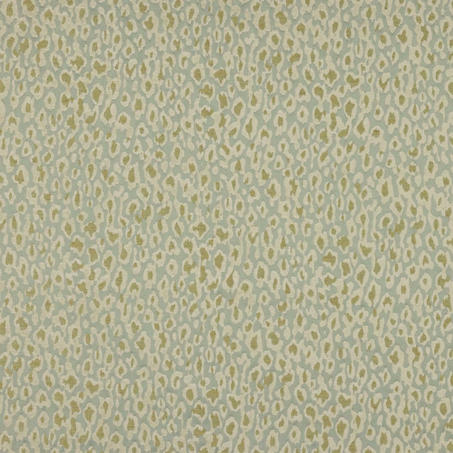 Pale celadon animal-print fabric with beige spots and cream ground