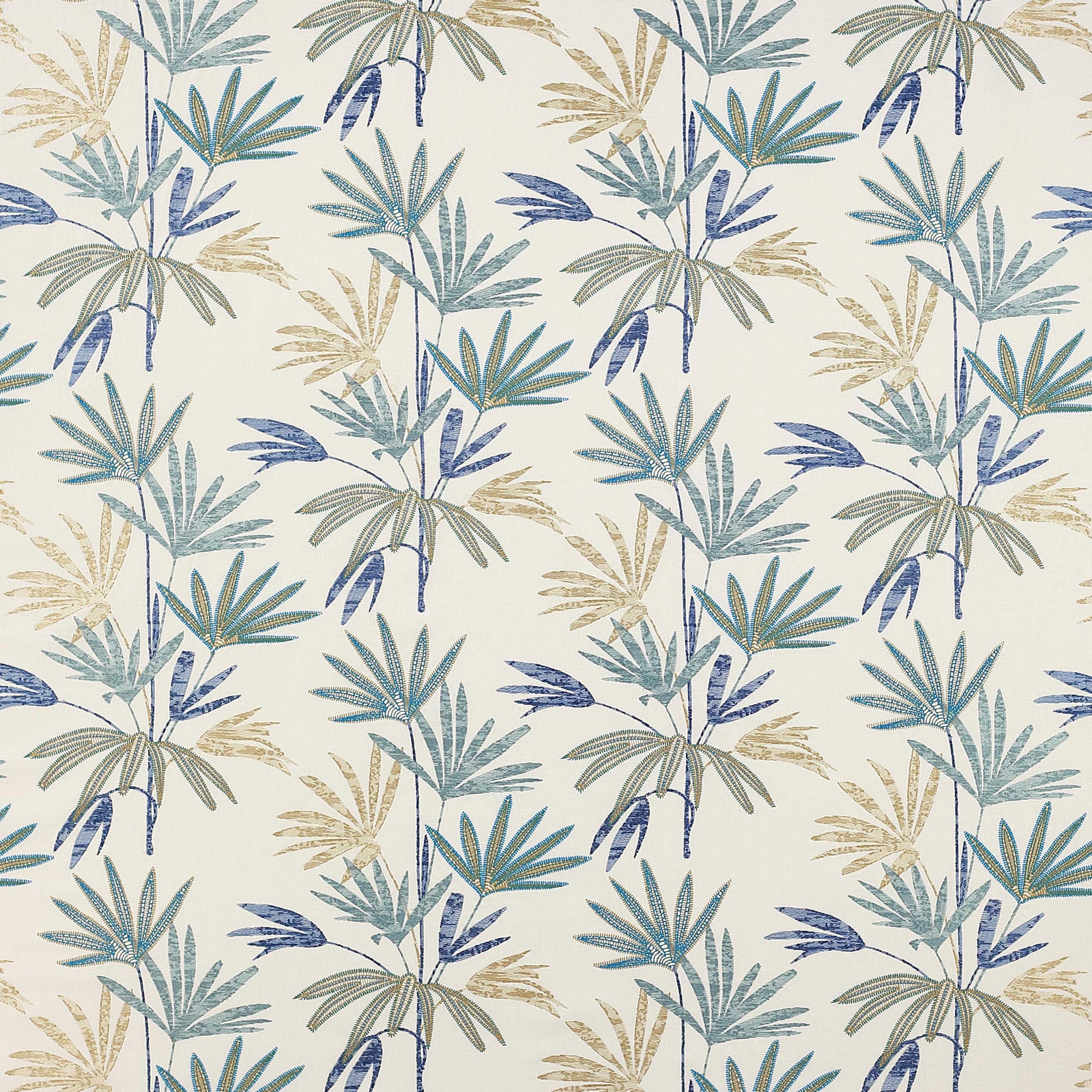 Ivory fabric with repeating palm leaf motif in blue, aqua and muted sage