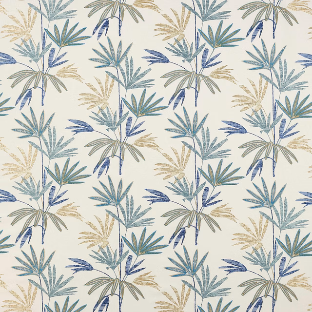 Ivory fabric with repeating palm leaf motif in blue, aqua and muted sage