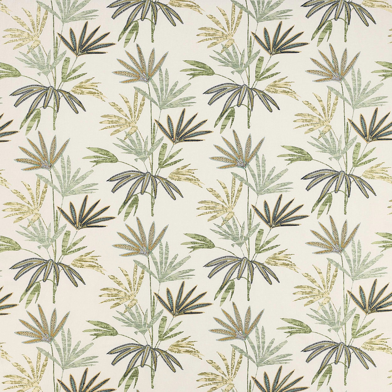 Cream ground with scattered palm fronds in soft green, olive and blue-green tones