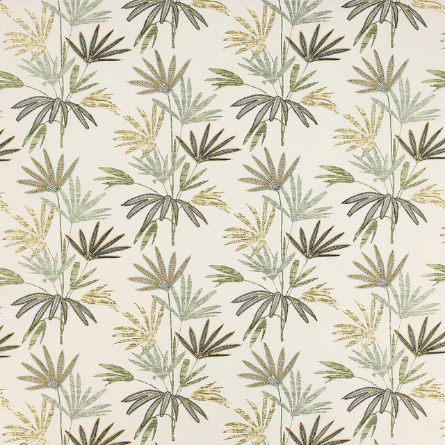 Cream ground with scattered palm fronds in soft green, olive and blue-green tones