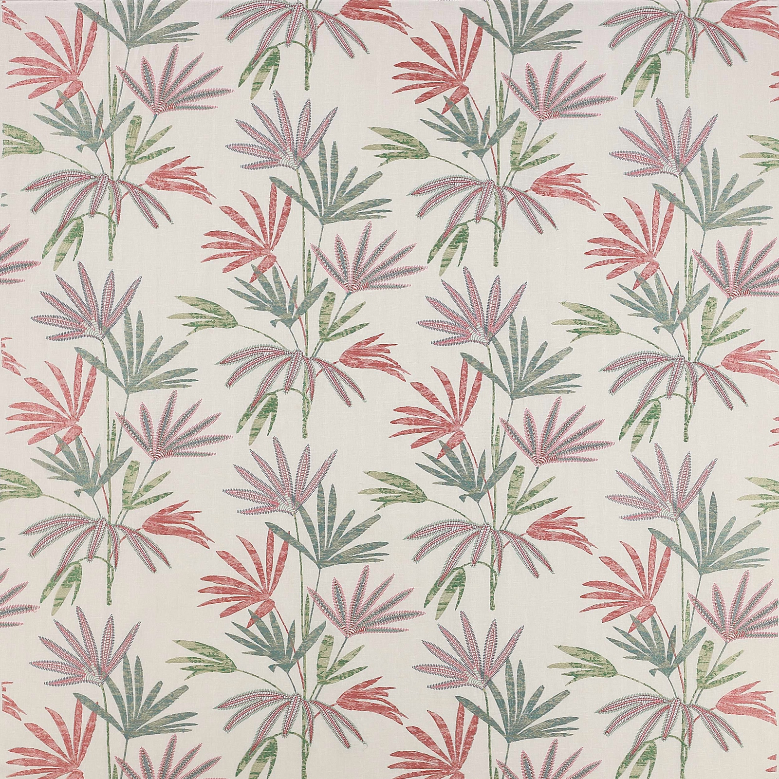 Cream fabric swatch with pink, aqua and sage palm leaf print