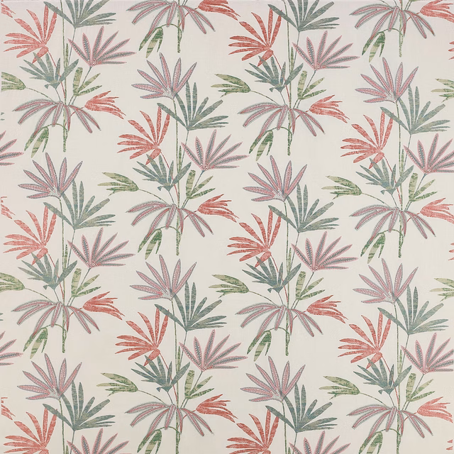 Cream fabric swatch with pink, aqua and sage palm leaf print