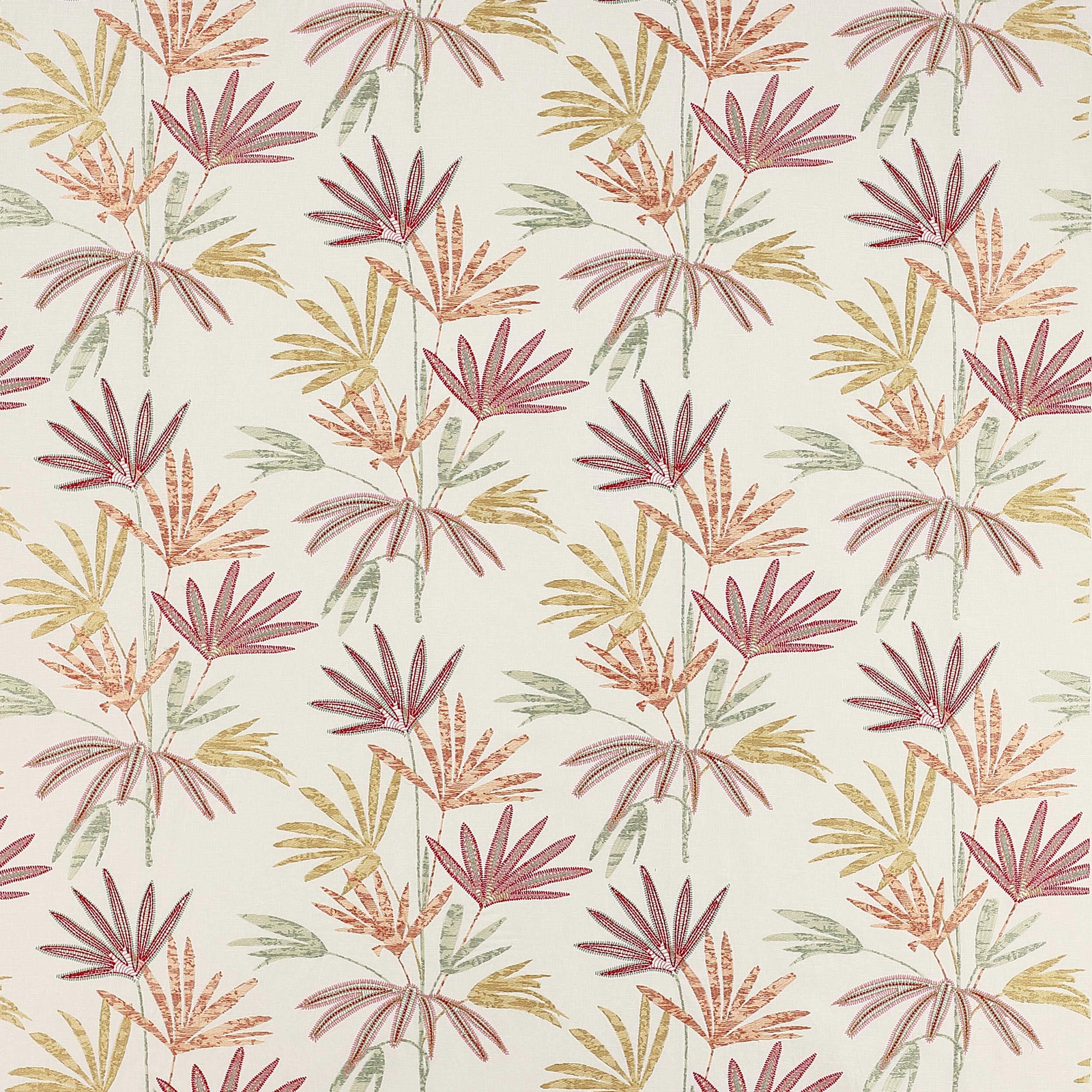 Cream botanical fabric with red, sage and mustard palm fronds