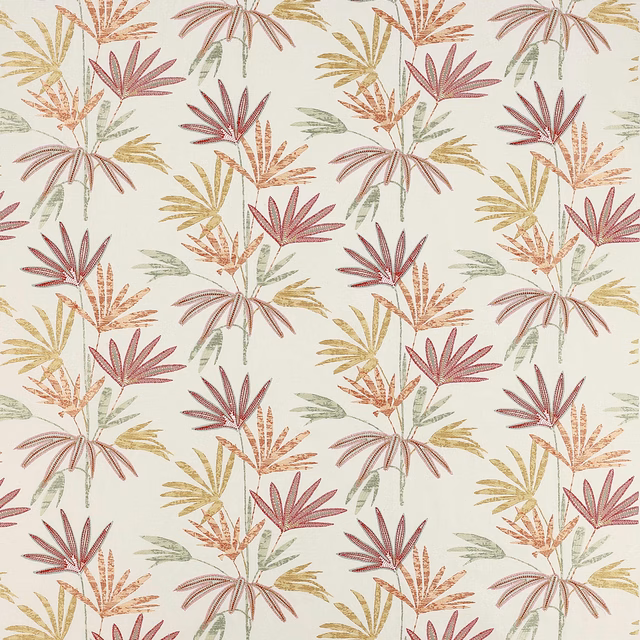 Cream botanical fabric with red, sage and mustard palm fronds