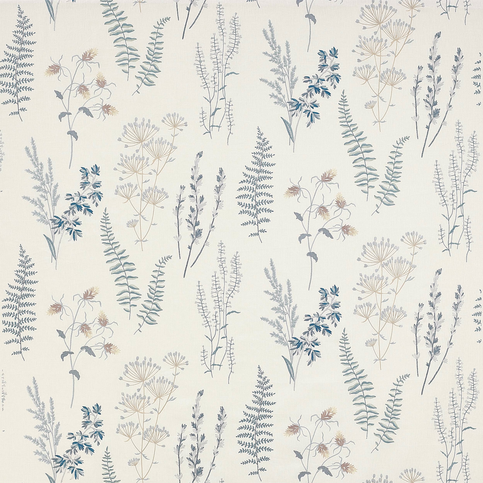 Cream fabric swatch with airy blue and grey botanical stems and fern leaves