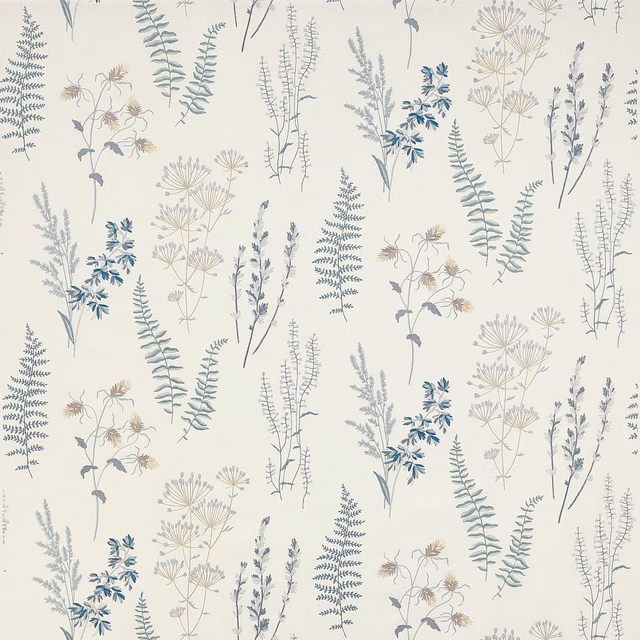 Cream fabric swatch with airy blue and grey botanical stems and fern leaves