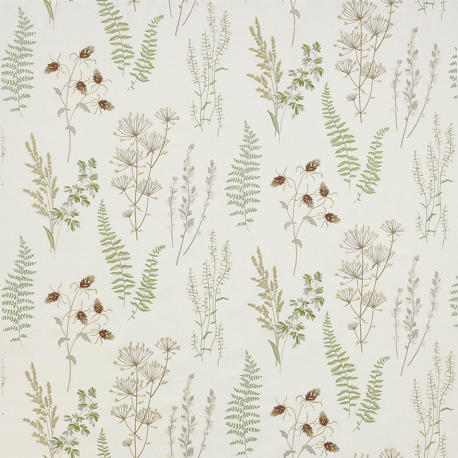 Pale botanical fabric with scattered sage green stems, seedheads and leaves