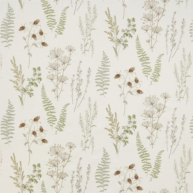Pale botanical fabric with scattered sage green stems, seedheads and leaves