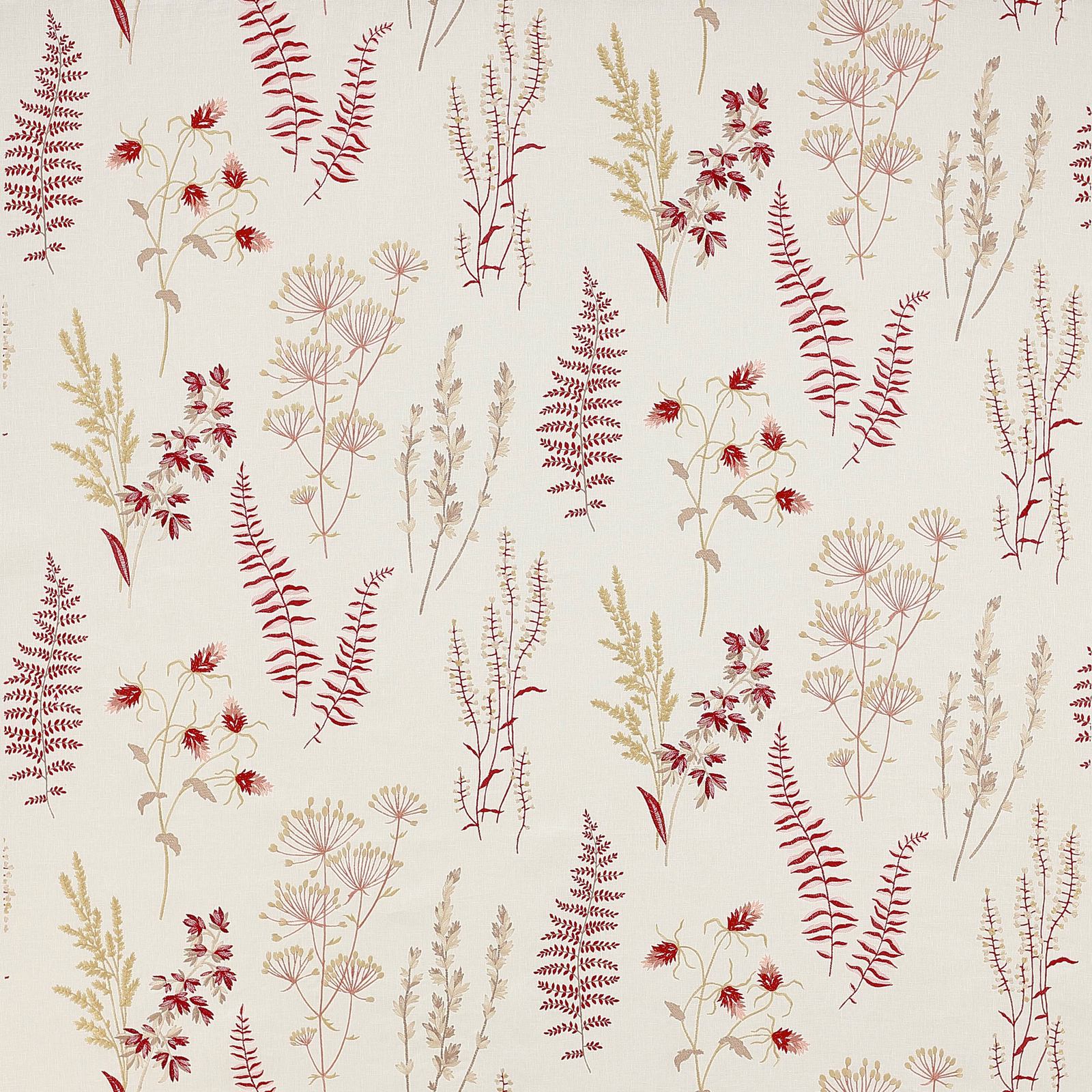 Cream floral fabric with berry red and pale gold botanical stems